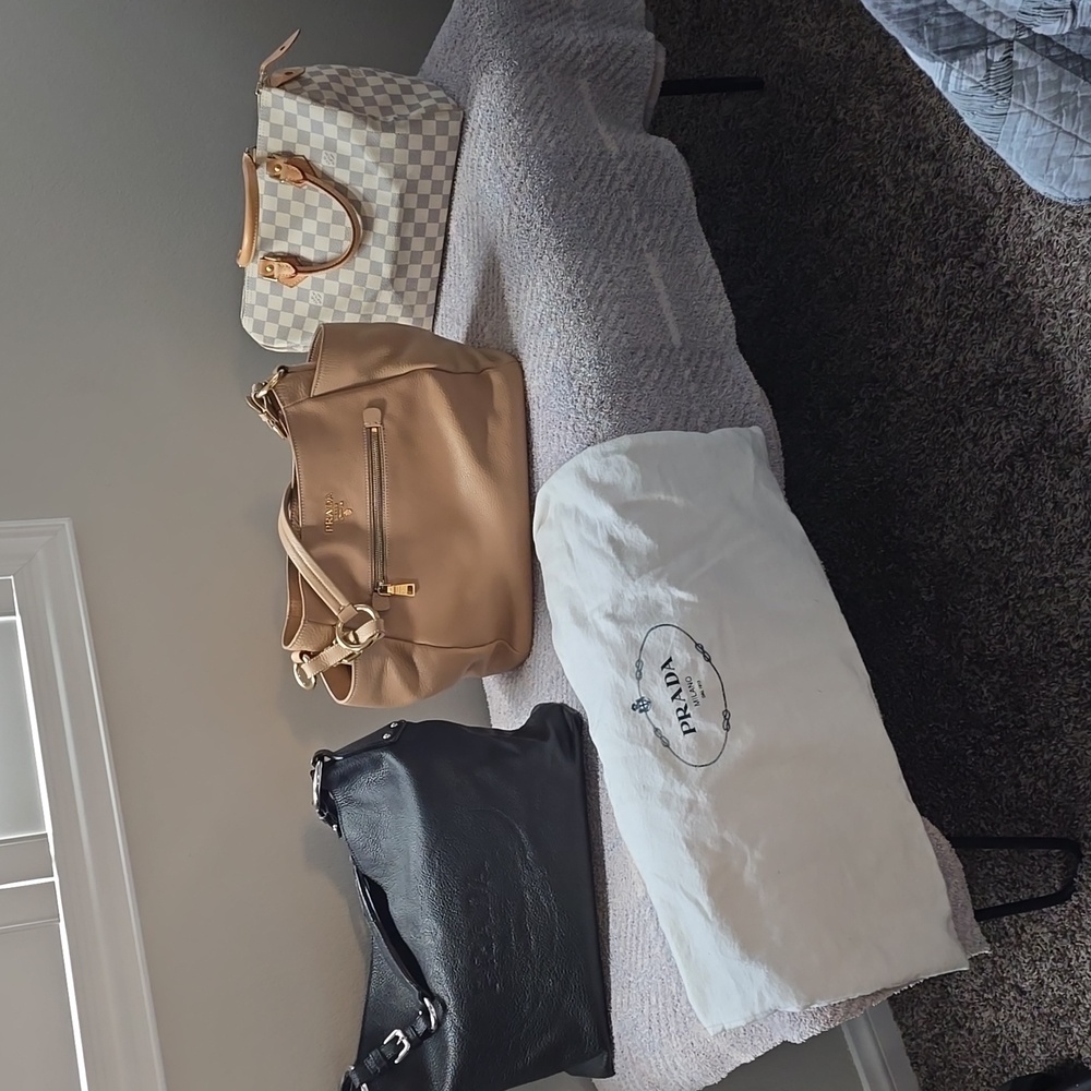 Prada Beige Vitello DainoLeather Shoulder Bag with Gold Accents